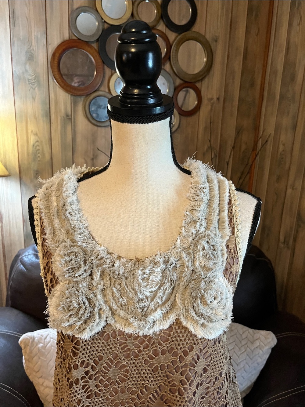 Pretty Angel Tan Crochet Linen Blend Tunic Top/Dress Boho Fairycore Feminine - Picture 4 of 10